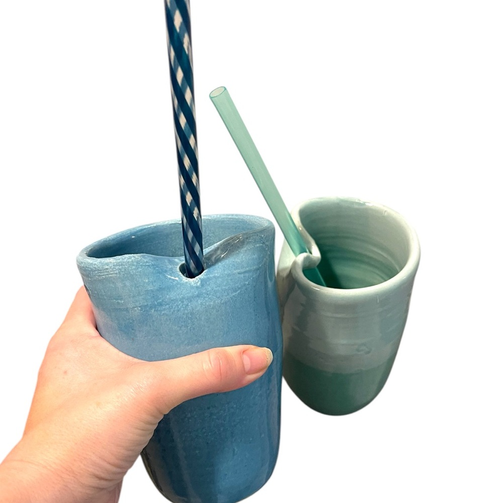 Handmade Blue and Green Ceramic Tumblers with Straws